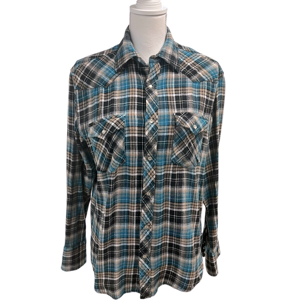 Wrangler Wrancher‎ Pearl Snap Cowboy Western Flannel Rodeo Blue Plaid Women's M